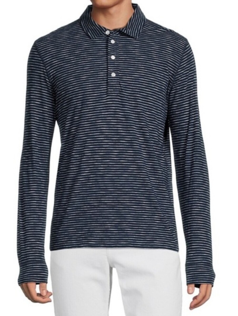 Billy Reid Slub Stripe Long Sleeve Polo Shirt in Navy Blue Size Small